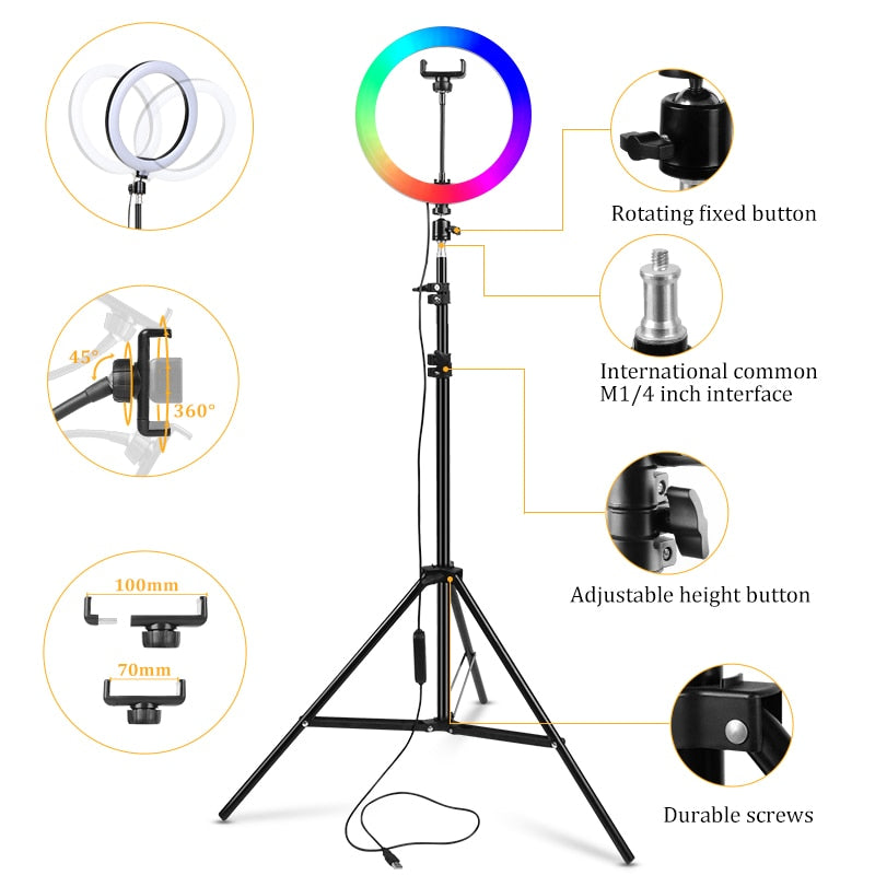 RGB Led Ring Light With Stand colorful Lighting 29 Colorlight,3 Normal Modes Dimmable Selfie 10inch Ring Light For Youtube Video