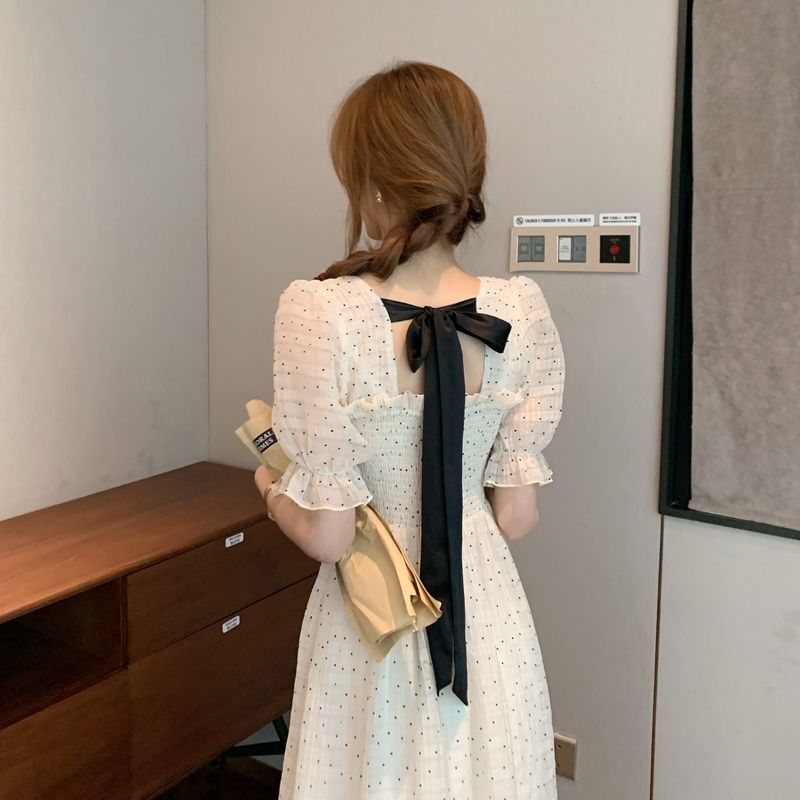 2021 Summer Floral Design Sweet Dress Short Sleeve Chiffon Elegant Dress Korean Style Square Collar Party Dress for Female Dot