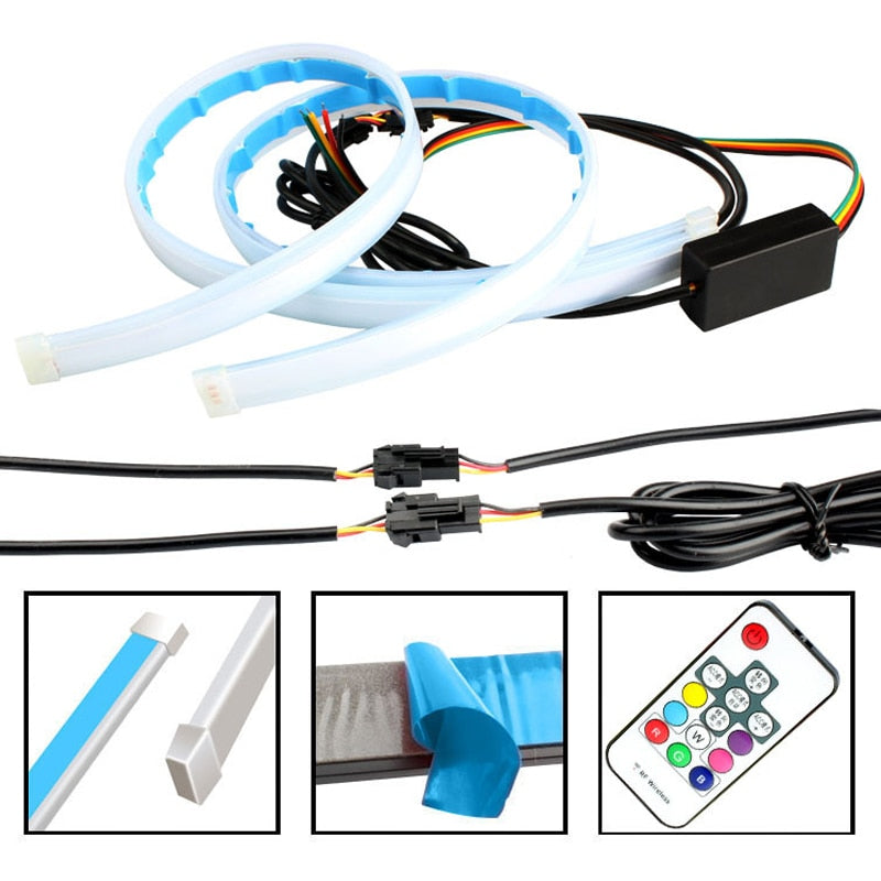 2 Stücke Universal Flexible Fließende RGB Tagfahrlicht DRL Multi Farbe LED Streifen Blinker Für Scheinwerfer