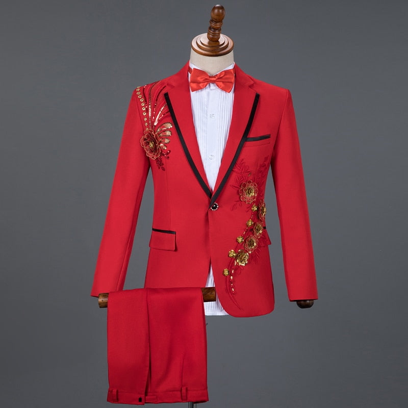Trajes de hombre con diseño floral de diamante rojo para boda, trajes para hombre, chaqueta de 3 piezas + pantalón + pajarita, esmoquin a la moda, conjunto de traje para hombre, traje de escenario para hombre