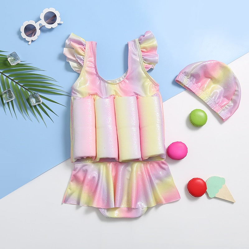 Kids Baby Girl Buoyancy Float Swimsuit With Skitt UV Protection UPF50+ Children Swimwear Baby Learning Swim Dress Bathing Suit