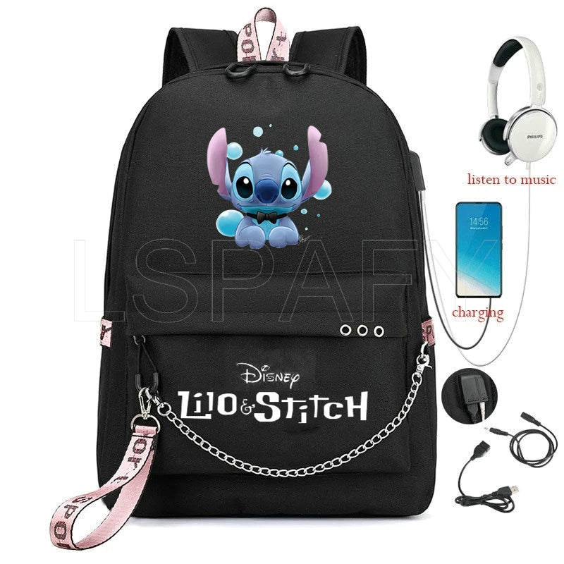 Disney Kawaii Stitch Bag Zipper USB Charging Mochila Capacity Backpack Women Kpop School Bags for Teenage Girls Students