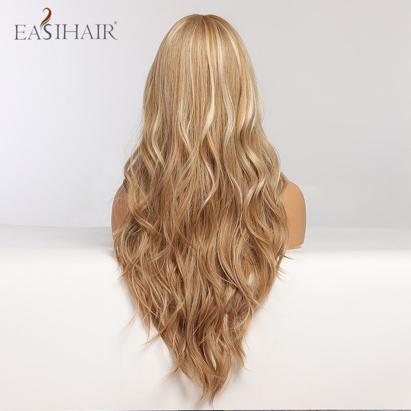 Pelucas EASIHAIR de color marrón claro con ondas de cuerpo largo y reflejos rubios, pelucas de pelo sintético resistentes al calor para Cosplay de parte media para mujeres