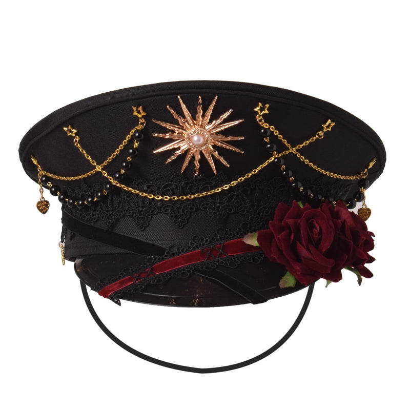 Black Cross Gothic Lolita Military Hat Cap for Women Female Sailor Captain Flat Steampunk Carnival Halloween Hair Accessories