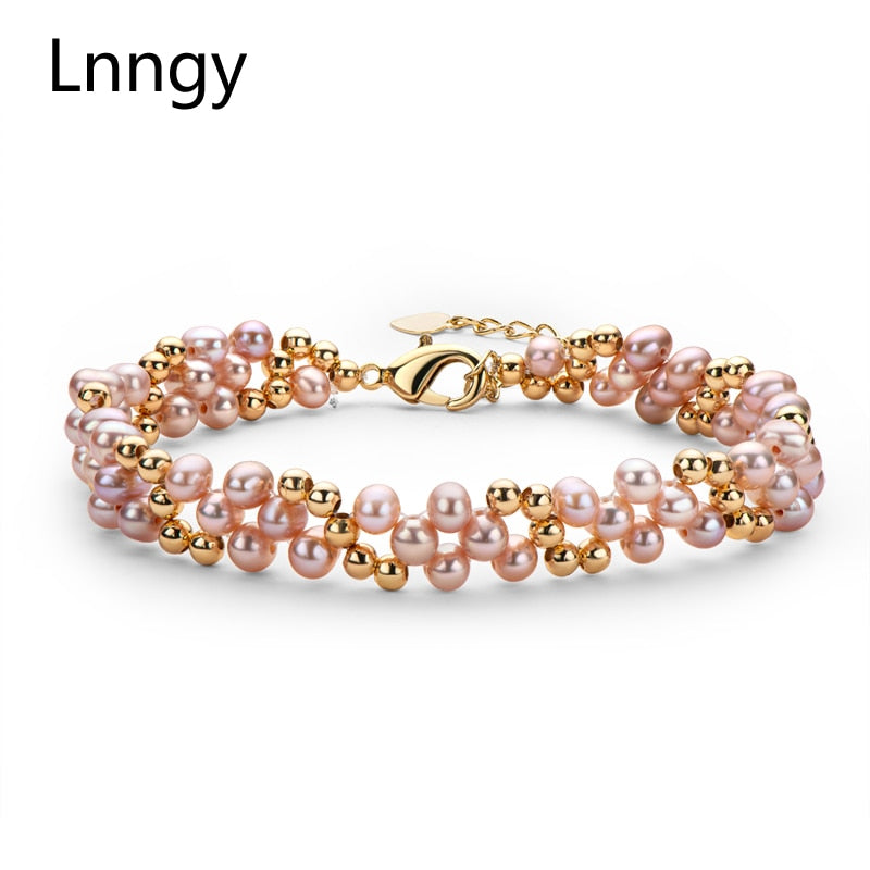 Lnngy, pulsera multicapa con relleno de oro de 14 quilates, pulsera de moda trenzada con perla ovalada de agua dulce Natural de 4-5mm, brazalete para mujer, joyería