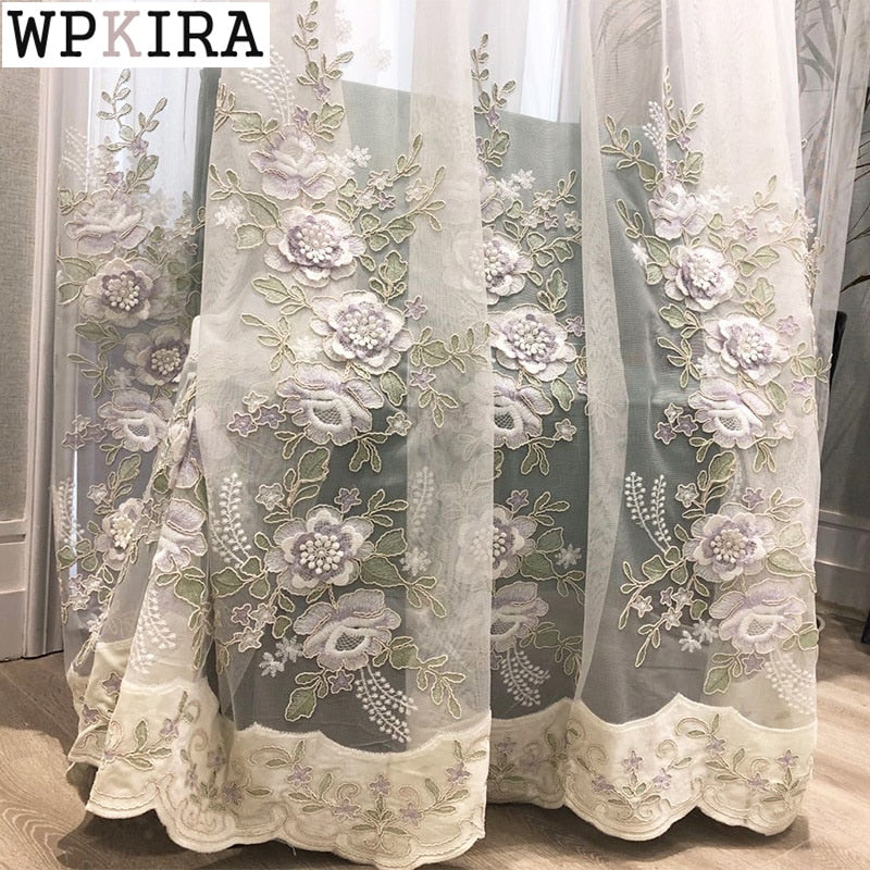 French Romantic Velvet Embroidered Voile Curtain for Living Room Floral Pattern Delicate Sheer Drape Bedroom Blinds S467