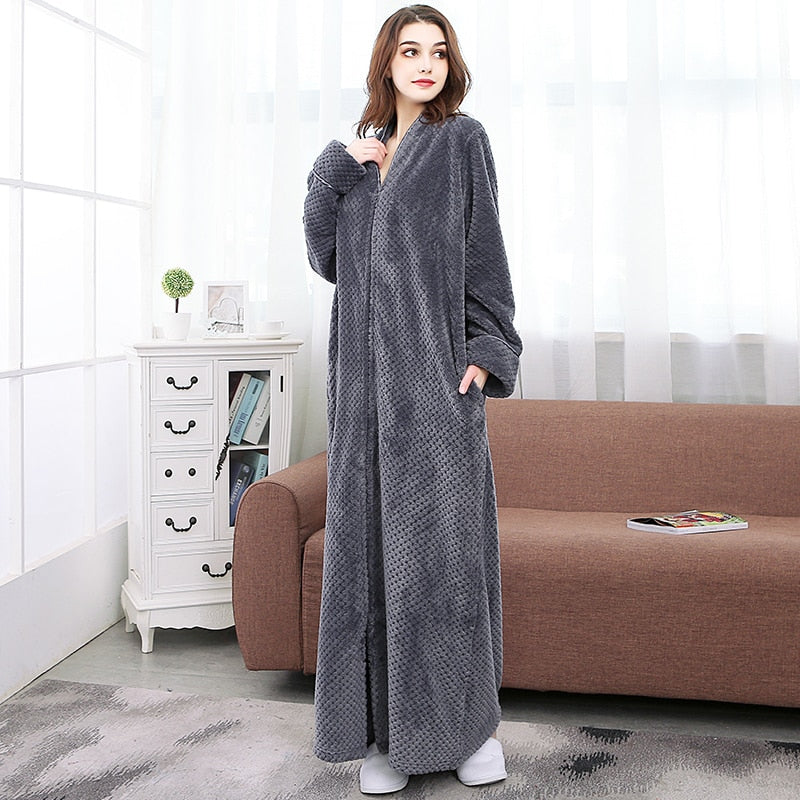 Women Winter Plus Size Long Warm Flannel Hooded Bathrobe 40-110KG Zipper Bath Robe Pregnant Night Dressing Gown Men Sleepwear