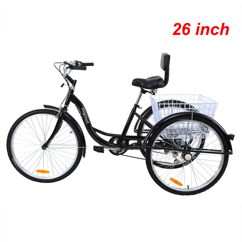 Triciclo Ridgeyard de 26 "y 24" para adultos, bicicleta de carga de 7 velocidades, bicicleta de tres ruedas con soporte de respaldo para carrito