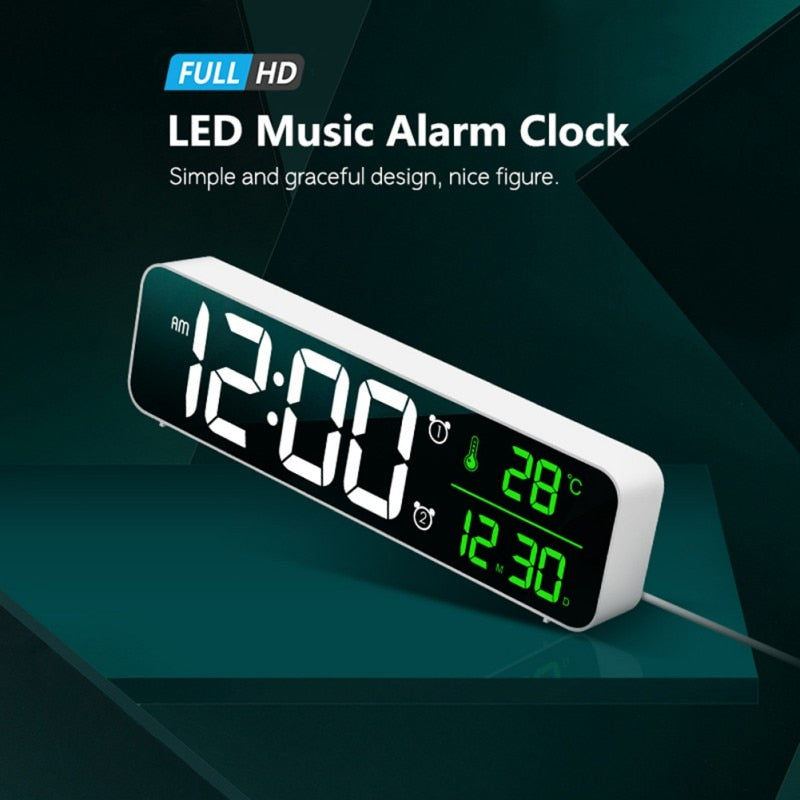 LED-Digitalwecker mit Schlummerfunktion, digitale Temperaturzeit, Musik, Doppeluhr mit USB-Ladegerät, großes Zifferndisplay, Helligkeitsdimmer