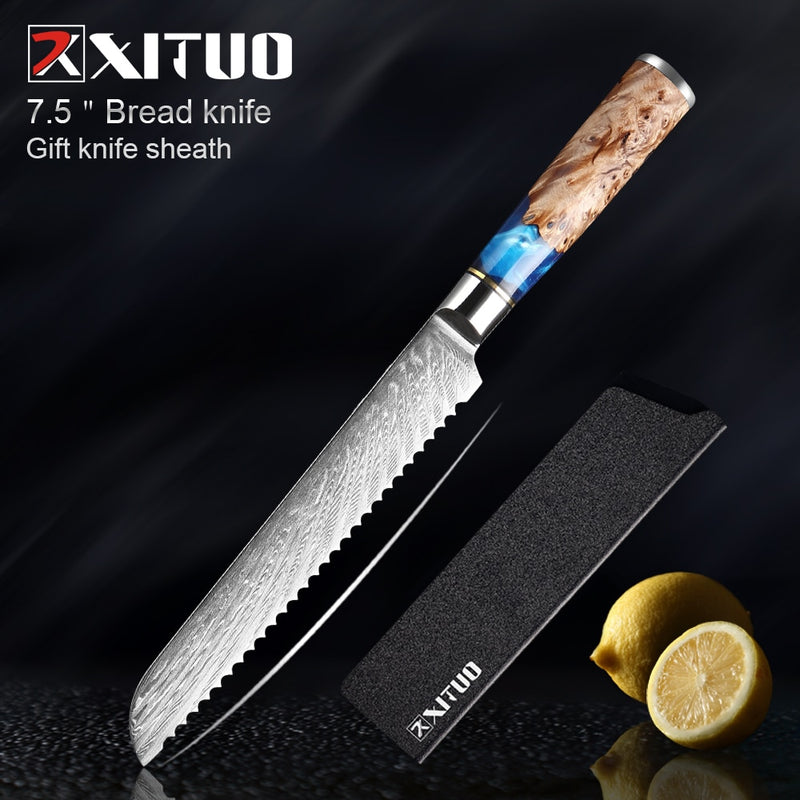 XITUO Küchenmesser-Set Damaskus-Stahl Kochmesser Cleaver Schälwerkzeug Allzweck-Brotmesser Kochwerkzeug Blauer Harzgriff 1-6 Teile/Set