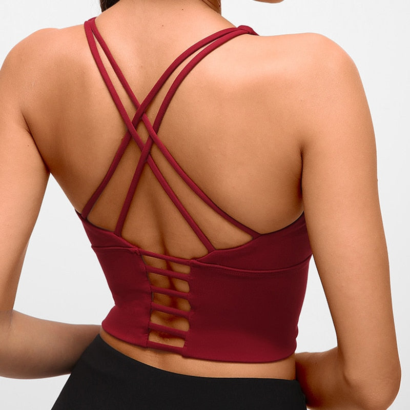 Solid Spaghetti Straps Cross Back Yoga Gym Crop Top Women Running Sport Bra Padded Activewear Exercise Fitness Cropped Tank Tops