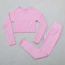 Nahtloser Yoga-Anzug Sport-Set Fitness-Kleidung Fitness-Frauen Langarm-Crop-Top mit hoher Taille Leggings geripptes Trainings-Set Trainingsanzüge