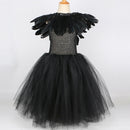 Black Feather Halloween Costumes for Girls Kids Evil Queen Long Tutu Dress with Horns Wings Villian Witch Cosplay Outfit Set