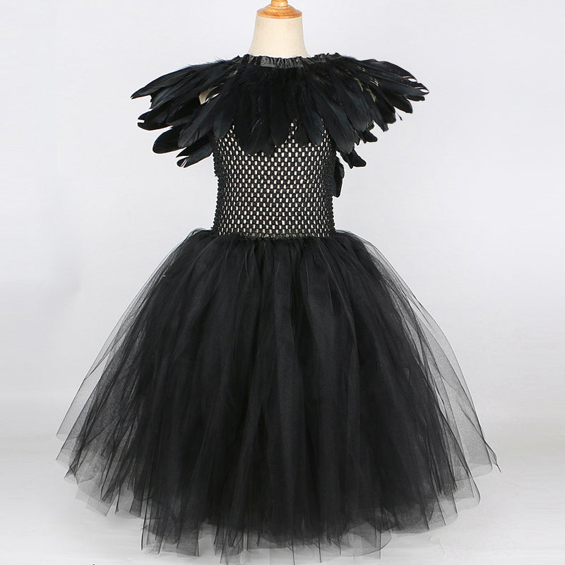 Disfraces de Halloween de plumas negras para niñas, niños, reina malvada, vestido tutú largo con alas de cuernos, conjunto de traje de Cosplay de bruja villana