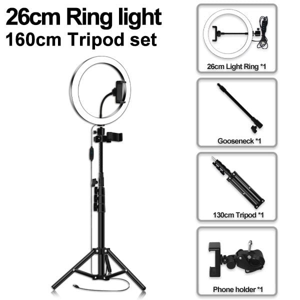 Anillo de luz LED 16/20/26cm 5600K lámpara de anillo para Selfie regulable con trípode soporte para teléfono enchufe USB iluminación para estudio fotográfico