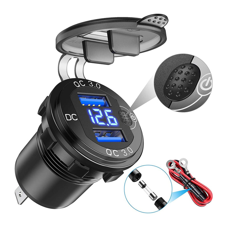 Quick Charge 3.0 36W Car Dual USB Charger QC3.0 Waterproof with Voltmeter Switch for 12V/24V Motorcycle ATV Boat Marine RV