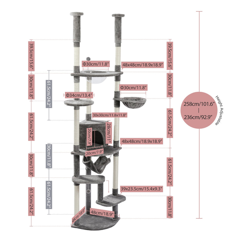 Hoher Kratzbaumturm mit Kratzbaum, höhenverstellbare, mehrschichtige Plattform mit weichen Hängematten, Condo, transparentes Nest