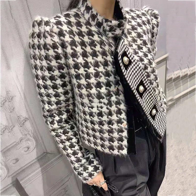 Luxury Brand Tweed Thousand Bird Lattice Coat Ladies Elegant 2021 Fall Winter New Fashion Leisure Short Woolen Jacket Female