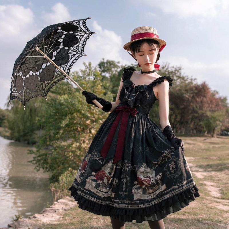 Lolita JSK Kleid Nachtigall und Rose JSK Kleid Gothic-Stil dunkel Vintage Victorian Princess Party Dress Ärmelloses Lolita-Kleid