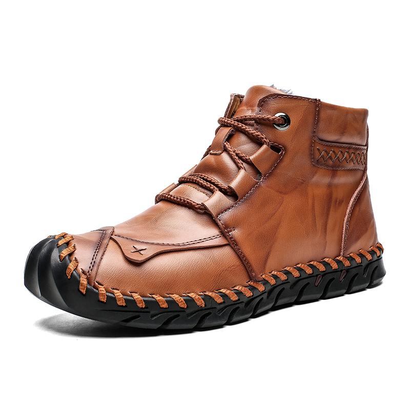 Botas de cuero de alta calidad para otoño e invierno para hombre, botas de nieve cálidas de felpa, botas de moto de piel para exteriores, botines, zapatos para hombre, talla 48