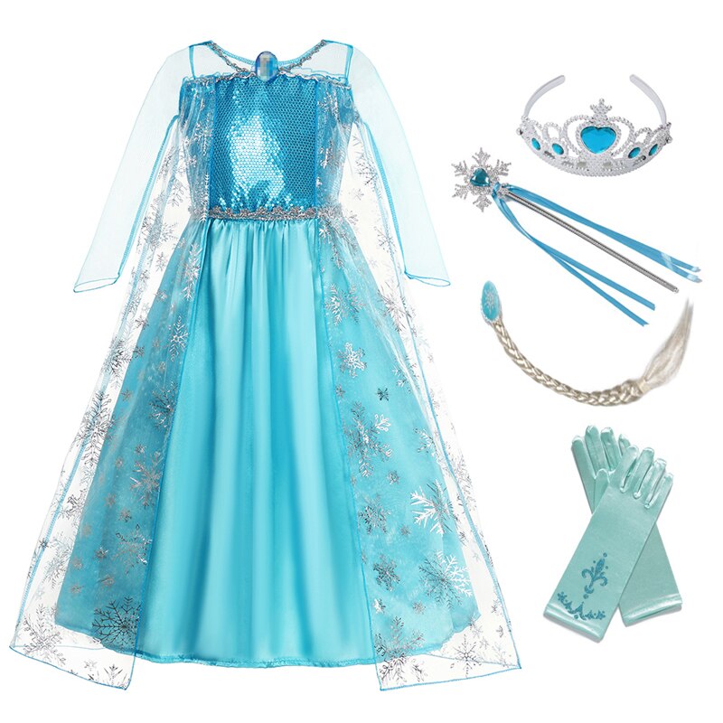 VOGUEON Snow Queen Elsa Cosplay Costume Princess Dress Girls Sequins High Quality Elza Dress Up For Halloween Party Vestido Kids