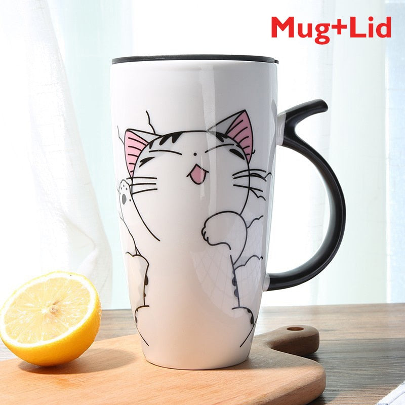 Taza de café de cerámica de gato bonito de 600ml con tapa, tazas de animales de gran capacidad, vasos creativos para beber, tazas de té y café, regalos novedosos, taza de leche