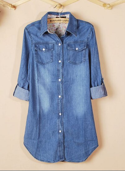 Neue Frühlingsmode Lange Lose Baumwolle Denim Frauen Blusen Langarmshirts Frauen Tops Jeans Bluse Weibliche Freizeitkleidung