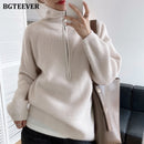 BGTEEVER Herbst-Winter-Reißverschluss-Rollkragen-Pullover Frauen beiläufige dicke lange Pullover Jumper weibliche lose Strickoberteile 2021