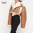VGH Koreanische Mode Patchwork PU Leder Colorblock Jacke Für Frauen Reverskragen Langarm Reißverschluss Mäntel Weibliche Winterkleidung
