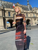 CHEERART 2 piezas malla manga larga Punk vestido mujer cuello alto largo Midi Bodycon señoras vestido pasarela moda diseñador ropa