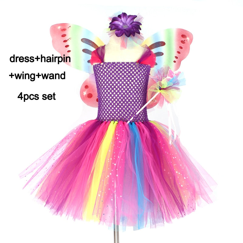 Girls Butterfly Fairy Fancy Tutu Dress Wings Costume Kids Princess Birthday Party Halloween Cosplay Kids Spring Tulle Dress