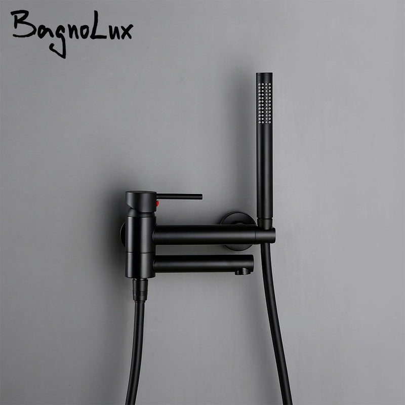 Bagnolux Brass Black Wall-Mounted Hot and Cold Mixed Type Bathtub Spout Hand Spray Shower Seat Bathroom Faucet