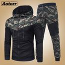 Männer Kausal Camouflage Patchwork Sets Camo Reißverschluss Jacke + Hose 2PC Trainingsanzug Sportwear Hoodies Sweatshirt Hosenanzug Plus Größe