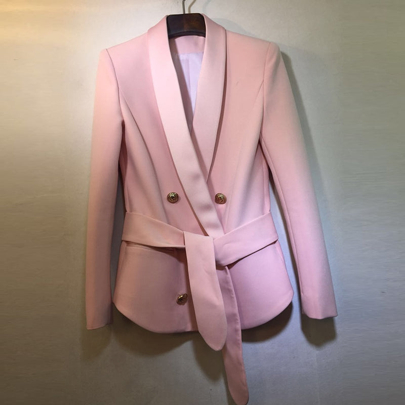 Chaqueta elegante de carrera con estilo de excelente calidad para mujer, cuello chal, botones de león, cinturón con cordones, chaqueta Blazer