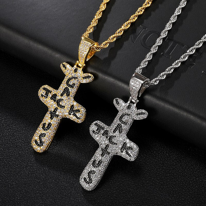 Hip Hop Cactus Jack CZ Cross Iced Out Cubic Zirconia Silver Color Necklaces & Pendants For Men Jewelry