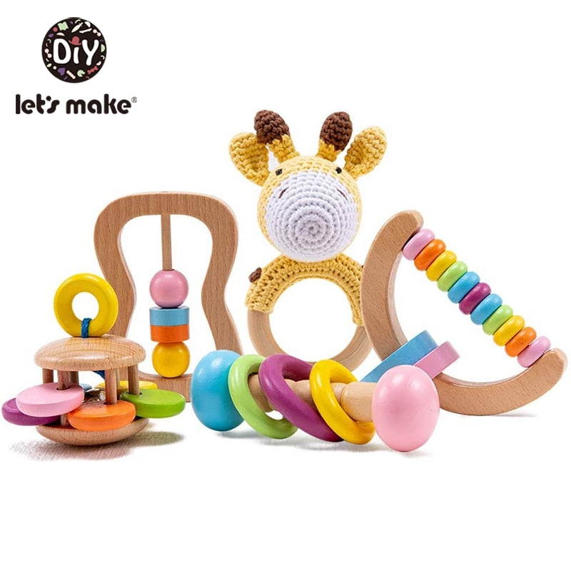 5 STÜCKE Organisches Sicheres Holzspielzeug Baby Montessori Kleinkindspielzeuggriff DIY Häkelrassel Schnullerarmband Beißringspielzeugset Babyprodukt