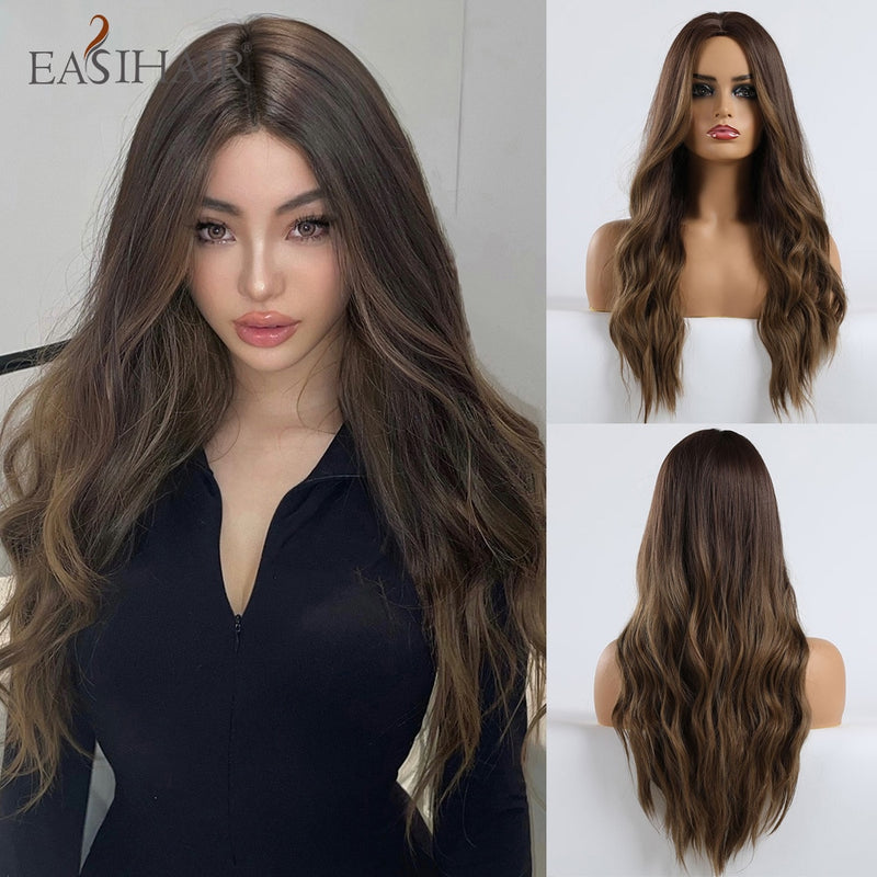 EASIHAIR Lange gewellte braune synthetische Perücken mit blonden Strähnchen Cosplay Naturhaarperücken Hochtemperaturfaser für schwarze Frauen