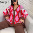 Sampic Lose Patchwork Strickwaren Winter 2021 Frauen Strickjacken Tops Übergroße Langarm Y2K V-Ausschnitt Pullover Lässige Mode Tops