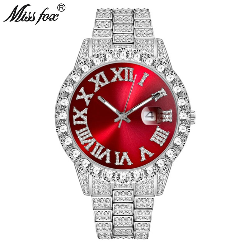 MISSFOX Herrenuhr 2020 Meistverkaufte Luxusmarke Blaues Zifferblatt Gold Herrenmode Uhren Herren Big Diamond Armband Luxusuhr Herren