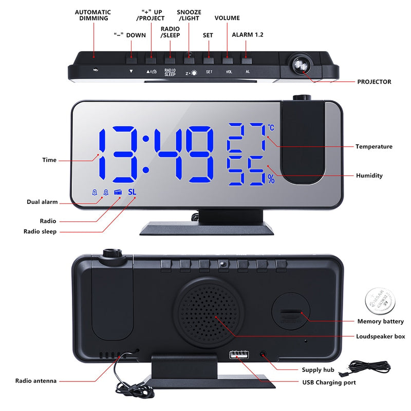 3-farbiger LED-Digitalwecker mit Radioprojektion und Spiegeluhr für Temperatur und Luftfeuchtigkeit, multifunktionale Nachtzeitanzeige