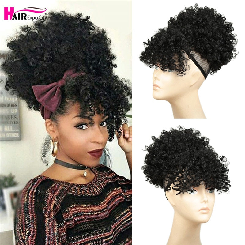 Short Kinky Curly Chignon With Bangs Synthetic Hair Bun Drawstring Ponytail Afro Puff Hair pieces For Women Clip Hair Extension