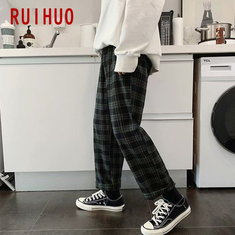 RUIHUO, pantalones bombachos a cuadros, pantalones para hombre, pantalones para correr, pantalones casuales para hombre, pantalones de chándal hasta el tobillo, ropa informal estilo Hip Hop, M-3XL de algodón 2022