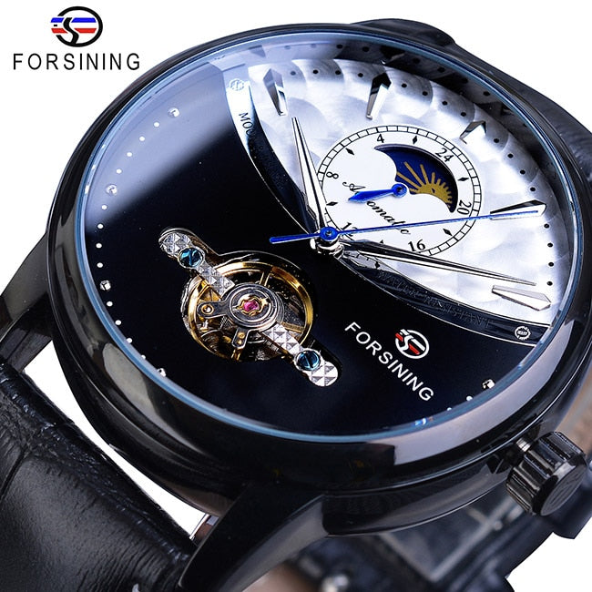 Forsining Moon Phase Automatic Watch Royal Men Golden Waterproof Mechanical Wristwatch Casual Genuine Leather Tourbillon Clock