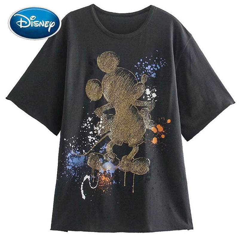 Camiseta con estampado de dibujos animados de grafiti de tinta de Mickey Mouse Chic de Disney para mujer, camiseta informal de manga corta con cuello redondo para mujer, ropa de calle