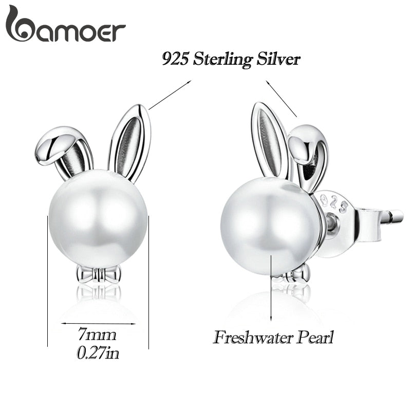 bamoer 925 Sterling Silver Cute bunny Earrings for Women Wedding Engagement Ear shell pearl Hypoallergenic Brincos BSE463