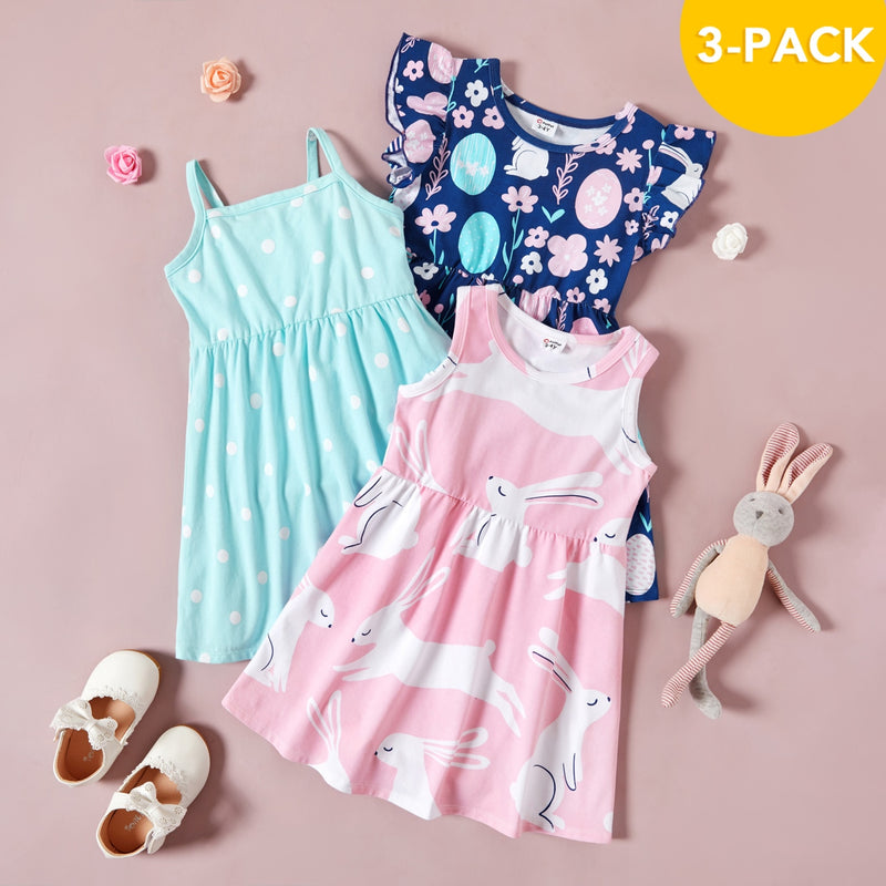 PatPat Spring and Autumn 3-pack Dresses Toddler Girl Dots and Solid Short and Long-sleeve Dress Set Cute Children's Clothing