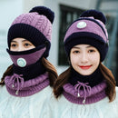 3 Pcs/set Winter Hats For Women With Breathing Mask 2in1 Knitted Hat Girl Pompoms Hat Warm Add Fur Lined Protective Winter Hat