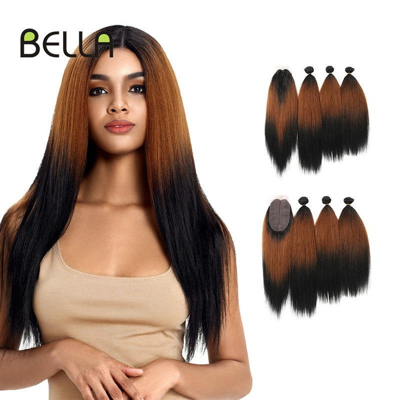 Yaki Straight Hair Bundles Ombre Bundles Synthetic Hair 4Pcs/Pack 18-22inch 245g Bundles With Closure BELLA Weave Hair Extension