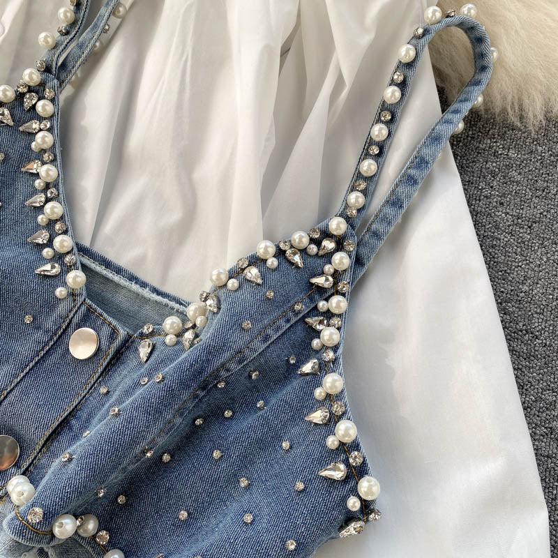 Spring 2022 New Temperament Blouse Female Lapel Beaded Stacking Bead Blusa Sling Waistcoat C Fashion Two-piece Shirt Dropship