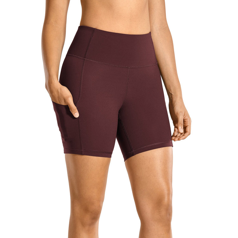 SYROKAN Atmungsaktive Luxus-Nacktgefühl-Sportshorts für Damen, hohe Taille, Bauchkontrolle, Shorts mit Seitentaschen, 15,2 cm